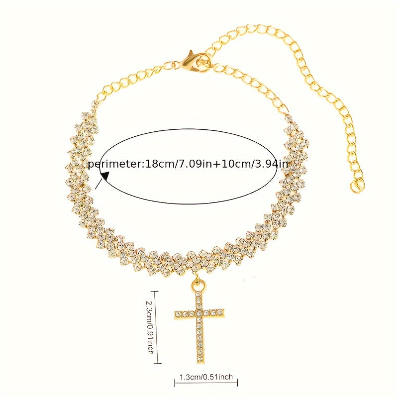 Shimmer with Elegance: 2 PCs/Set Bling Cross Pendant Anklet - 18K Gold Plated Jewelry for Women