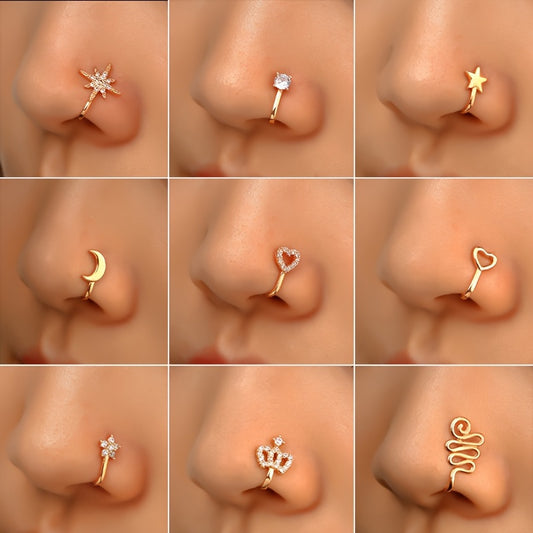 9pcs Copper Non Piercing Nose Rings, U Shape Star Love Crown Nose Clip with Zirconia