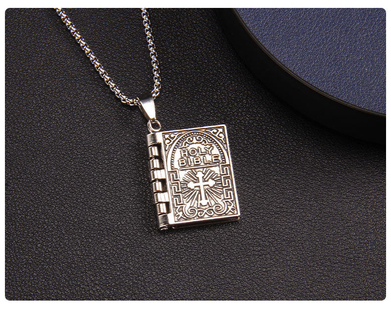 Unique Foldable Bible-Inspired Easter Cross Pendant - Long Hip Hop Book Necklace for Men and Women