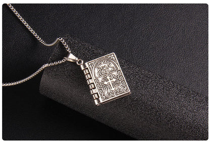 Unique Foldable Bible-Inspired Easter Cross Pendant - Long Hip Hop Book Necklace for Men and Women