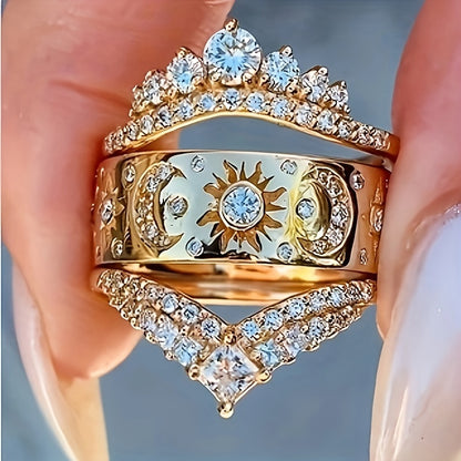 Golden Glow: 3-Piece Sun and Moon Inspired Wedding Engagement Ring Set