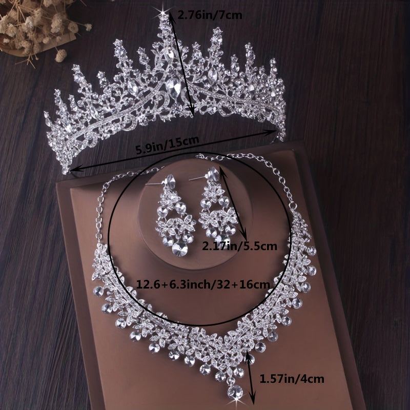 Glamorous Rhinestone Bridal Accessory Set – 3Pcs Alloy Wedding Tiara, Necklace ; Earrings Set