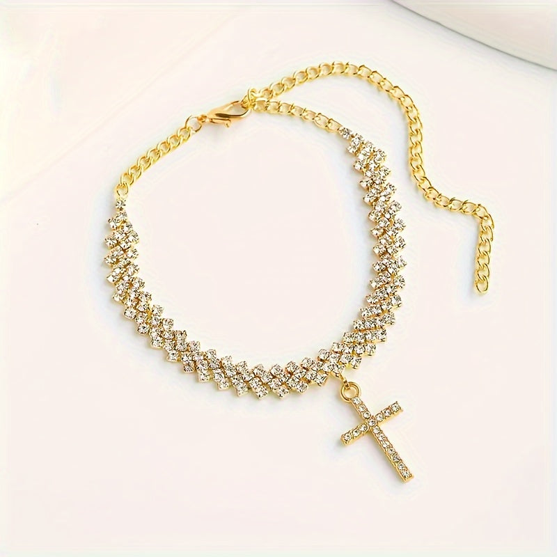 Shimmer with Elegance: 2 PCs/Set Bling Cross Pendant Anklet - 18K Gold Plated Jewelry for Women