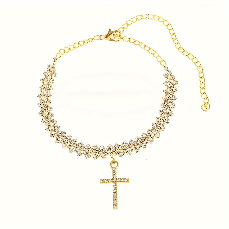 Shimmer with Elegance: 2 PCs/Set Bling Cross Pendant Anklet - 18K Gold Plated Jewelry for Women